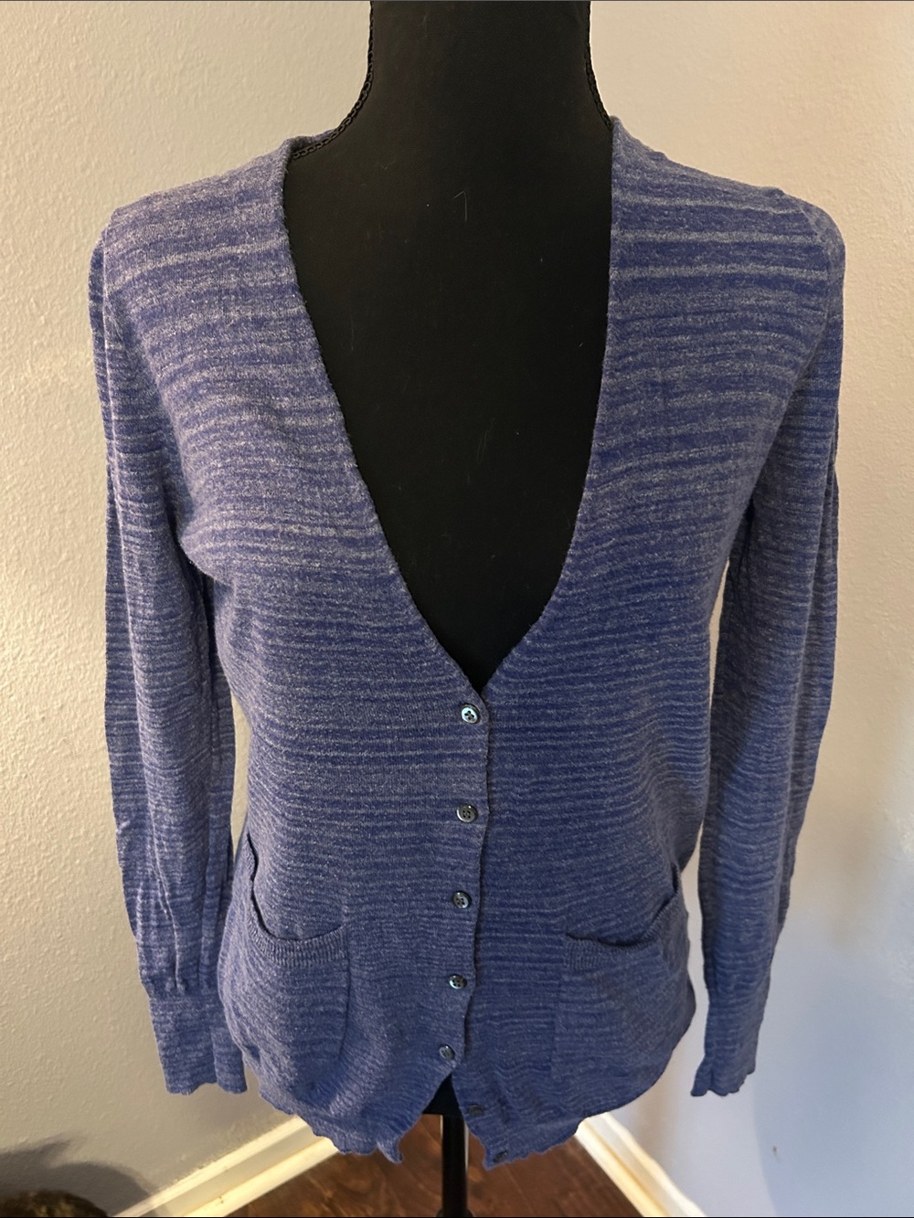 J Crew Blue Striped V-Neck Button Cardigan Sweater Size Small